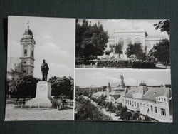 Képeslap,Szentes,mozaik,Kossuth tér,szobor,templom,megyeháza,utca,tér,park látkép, részlet, 1965-