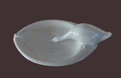 Antik múzeális kb.1877-80.öttornyos pecsétes,fehér Zsolnay porcelán kacsás-békás tál,asztalközép,