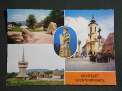 Képeslap,Szentendre,mozaik,Marx tér a Pestis kereszttel,skanzen,fatorony látkép, részlet, 1978-