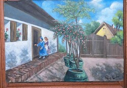Pap Emil : Magyar életkép, udvar. Olaj,karton.