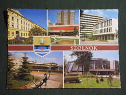 Postcard, Szolnok, mosaic, Tisza part, bridge, Centrum shopping mall, sports hall, theater view, detail, 1985-