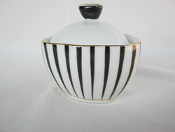 Hollóházi porcelán fekete-fehér csíkos bonbonier cukortartó