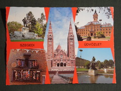 Képeslap,Szeged,mozaik,városháza,Tisza Lajos szobor,fogadalmi templom,zenélő óra, részlet, 1982-