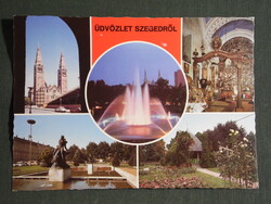 Postcard, Szeged, mosaic, Tisza Lajos statue, memorial, Serbian church, park, fountain, detail, 1982-