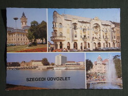 Postcard, Szeged, mosaic, Dugonics tér, park, fountain, city hall, Tisza riverbank, Széchenyi house, details, 1982-