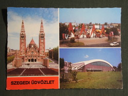 Képeslap,Szeged,mozaik,Fogadalmi templom,Ipari vásár,sportcsarnok látkép,részletek, 1985-