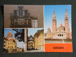 Képeslap,Szeged,mozaik,Fogadalmi templom,Dóm tér,zenélő óra,utca látkép, részlet, 1982-