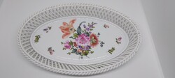 Herendi virágmintás porcelán fonott kosár, dús festéssel