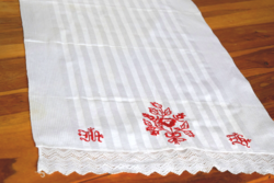 Antik régi damaszt dísztörölköző törölköző törlő kézi hímzett népi gyönyörű csipkés 91 x 48