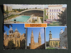 Képeslap,Szeged,mozaik,Fogadalmi templom,Zsinagóga,uszoda látkép ,részletek, 1985-