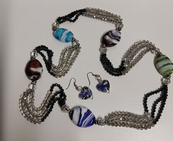 Retro szép színvilágú nagy muránoi üveg és fazettázott csehkristály nyaklánc fülbevaló  nélkül