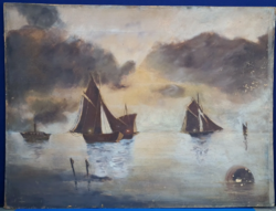 Ismeretlen Festő: Hajók a vizen, olaj