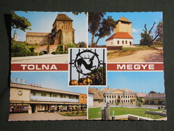 Postcard, Tolna County, mosaic, Tamási, Paks, Dunaföldvár, Simontornya castle, Dám hotel, shopping center, 1985-