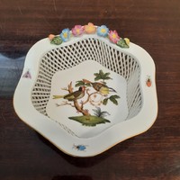 Herendi Rothschild mintás porcelán 6 szögletű fonott kosár, tál