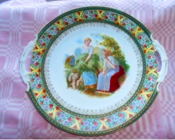 Antik jelenetes  porcelán dísztál-füles tál 26 cm