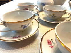 Hollóházi 6 személyes porcelán aranyozott virágmintás teáskészlet, régi