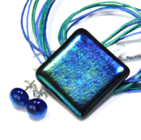 Türkiz-kék-zöld eozinos üvegékszer szett nyaklánc, stiftes fülbevaló