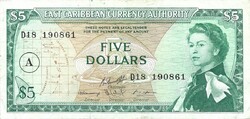 5 dollár 1965 Kelet Karibi Államok 10. signo "A" Antiqua Erzsébet királynő Barbados nélkül