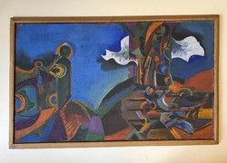 HÍDVÉGI VALÉRIA (1944-) CIGARETTÁZÓK ABSZTRAKT OLAJ VÁSZON FESTMÉNY FA KERETBEN