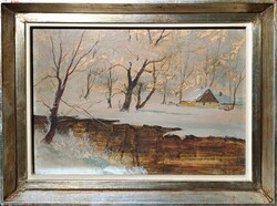 Vízparti táj, 1934 - H. Márton jelzéssel (festmény ezüst keretben) Szűcs jelzés hátoldalon