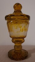 "Vintage Bohemian Czech" borostyán üvegpokál, masszív fedővel. Antik kuriózum!