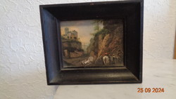 Mini festmény  , repro , Wonwerman P.  :  Sziklás táj lovakkal   12 x 10 cm