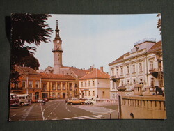 Képeslap,Veszprém,Vörös hadsereg tér,tűztorony,utca,autó,Ikarus busz látkép,részlet, 1982-