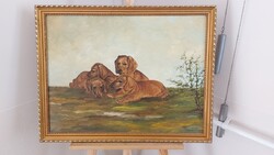 (K) Szép Karlovits festmény kutyákkal 77x60 cm kerettel