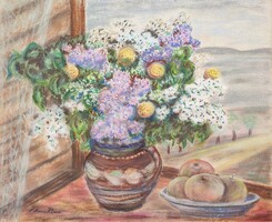 Róna Klára ( 1901 - 1987 ) Tavaszi csokor, háttérben a Balatonnal