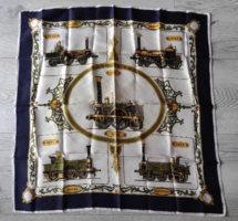Vintage francia műselyem sál kendő oldtimer vonatos / gőzmozdonyos mintával
