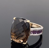 Füstkvarc, ametiszt  drágaköves  sterling ezüst gyűrű 14K aranyozással, 58méret  925/ - új