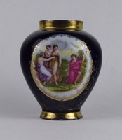 1T367 Régi aranyozott kobaltkék porcelán váza 10.3 cm