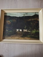 Kun István olaj festmény öreg házak