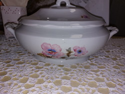 Zsolnay rózsaszín-kék virágos porcelán leveses tál