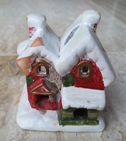 Piros, havas kerámia házikó mécses tartó, felújítandó