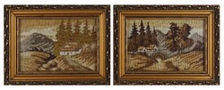 1T225 Régi őszi tájas keretezett tűgobelin pár 18 x 23 cm
