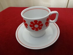 Hollóházi porcelán kávéscsésze + alátét, piros mintás. Jókai.
