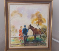 Szép lovas életkép festmény 50x55 cm kerettel