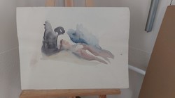 (K) Reclining Female Nude Painting 42x76 cm with Flower Still Life on Back