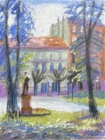 Oil pastels drawing of museum garden, Budapest, Inna Efremova, 30 x 40 cm