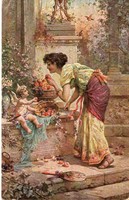 Képeslap: Hans Zatzka. nők, virágok.