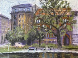 Oil pastels drawing of Rakoczi ter, Budapest, Inna Efremova, 30 x 40 cm