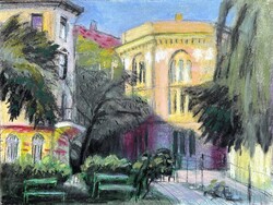Oil pastels drawing of Gutenberg ter, Budapest, Inna Efremova, 30 x 40 cm