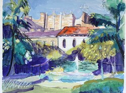 Gouache drawing of Karoly kert, Budapest, Inna Efremova, 30 x 40 cm