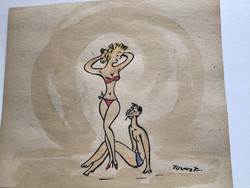 Toncz Tibor eredeti karikatúra rajza 24 x 20 cm Strandon