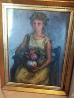 Gráber Margit- Leány virággal, olaj-vászon 70x90 cm