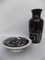Art deco Fekete,fehér mintás váza és bonbonier 1960 VEB Lichte porcelán