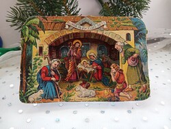 Régi dombornyomott papír térbeli Betlehem karácsonyi dísz 12x8x2cm