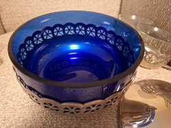 Alpakka teáskészlet 6 pohárral kék üvegbetéttel