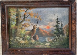 Francia festő vadászjelenet - szarvasbika a naplementében V. Michel 1850 körül